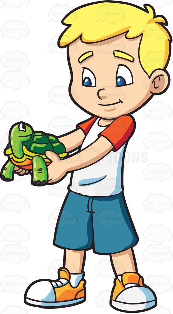 A boy holding his pet turtle