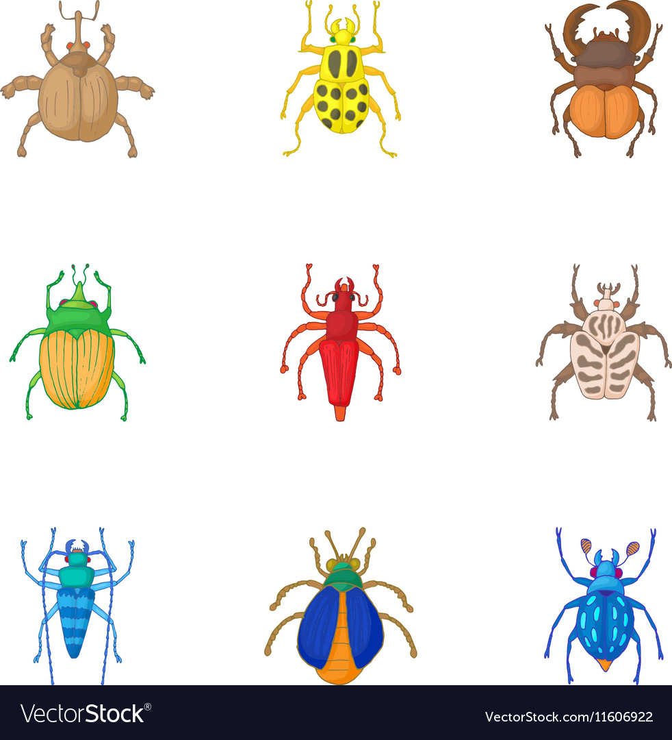 Types of bugs icons set cartoon style