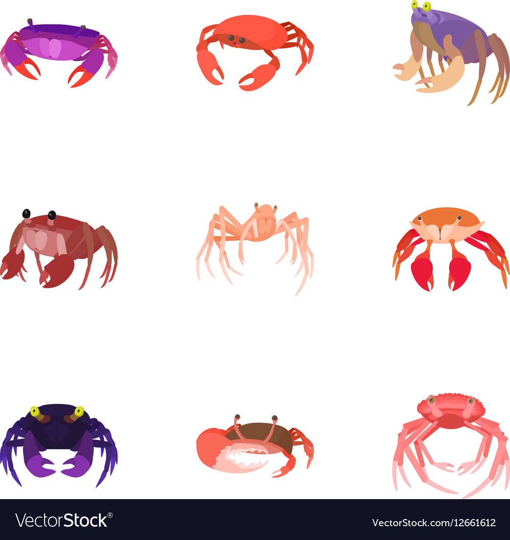 Types of crabs icons set cartoon style