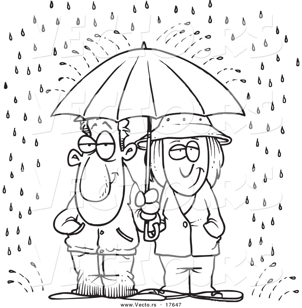 Vector of a Cartoon Couple Sharing an Umbrella in the Rain