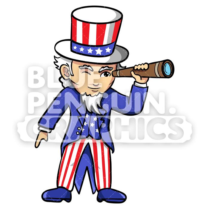 Uncle Sam with an Old Telescope Vector Cartoon Clipart Illustration
