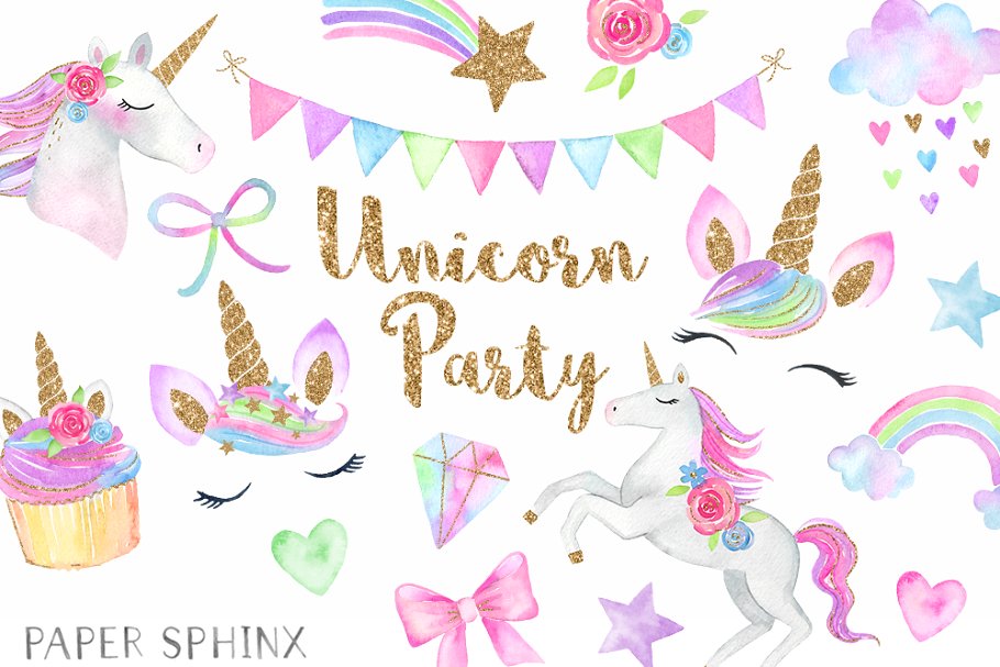 Watercolor unicorn party.