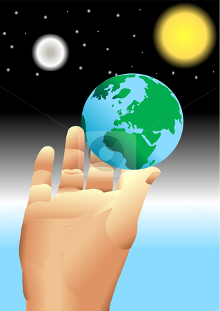 Hand holding earth in universe