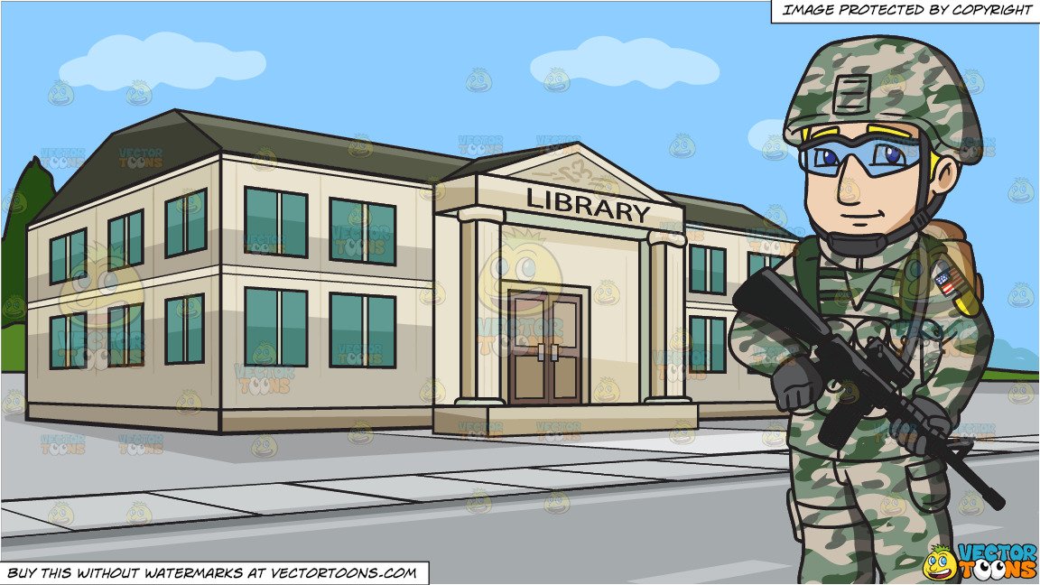 A Us Army Infantry Soldier In Uniform and A Small Town Library Background