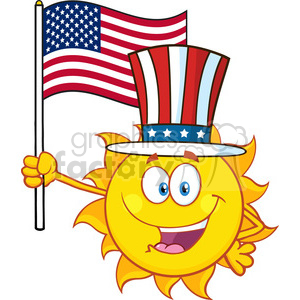 Cute sun cartoon mascot character with patriotic hat holding an american  flag vector illustration isolated on white background clipart