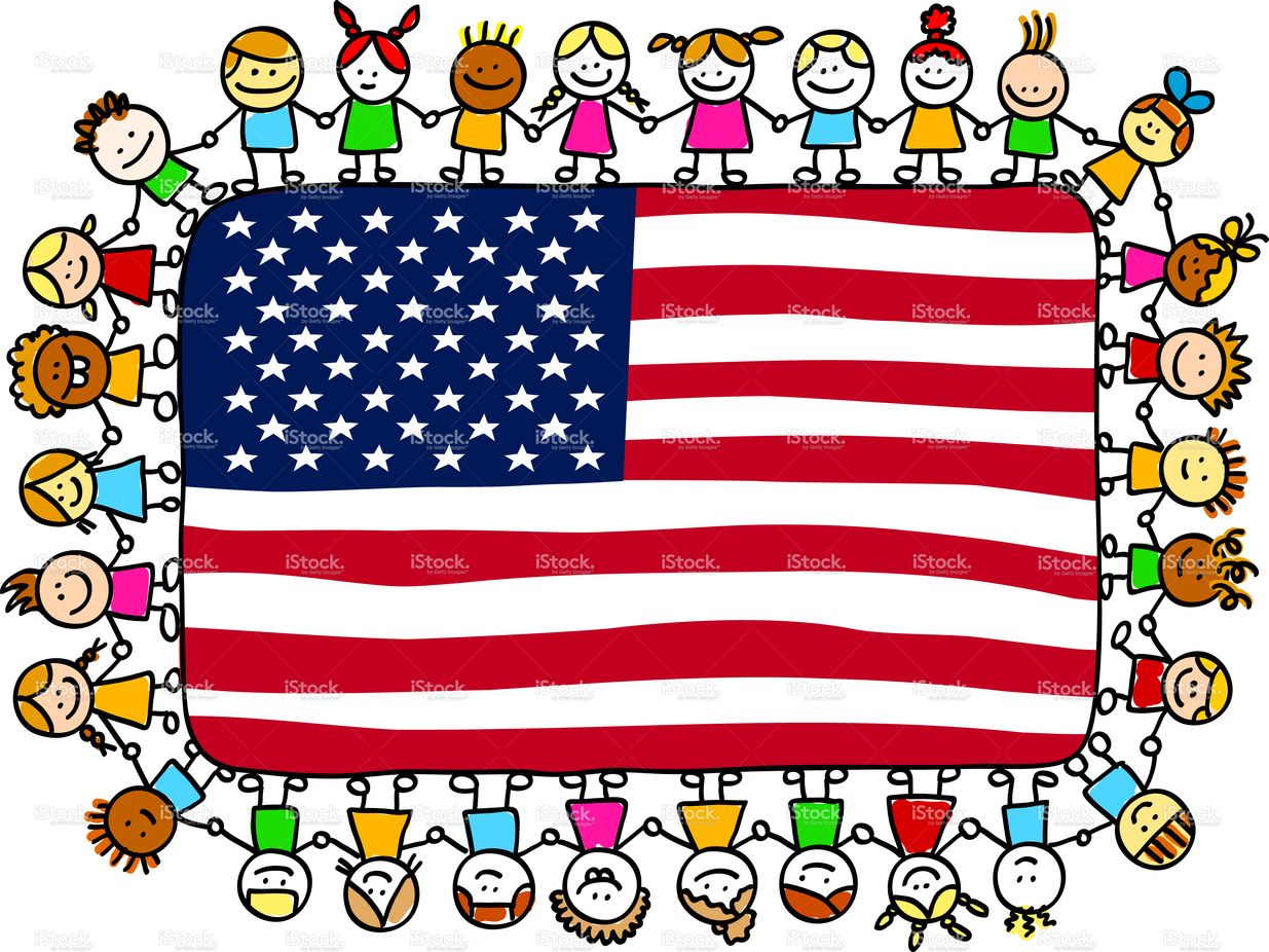 Patriotic happy children friends holding USA, american flag