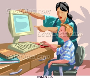 Woman teaching a child to use Vector Clip art
