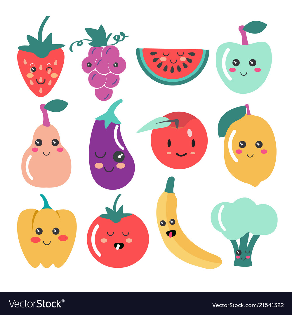 Cute kawaii fruit and vegetable icons