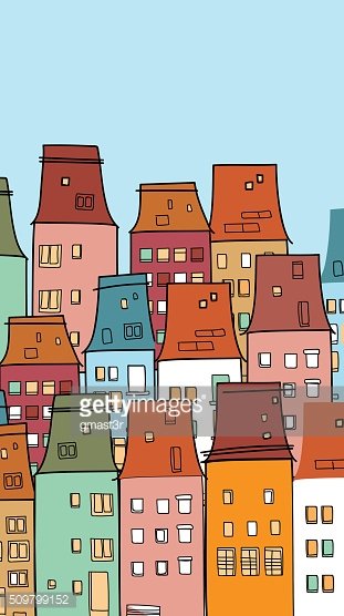 Colorful Houses Old Vintage Town Thin Line Village Clipart