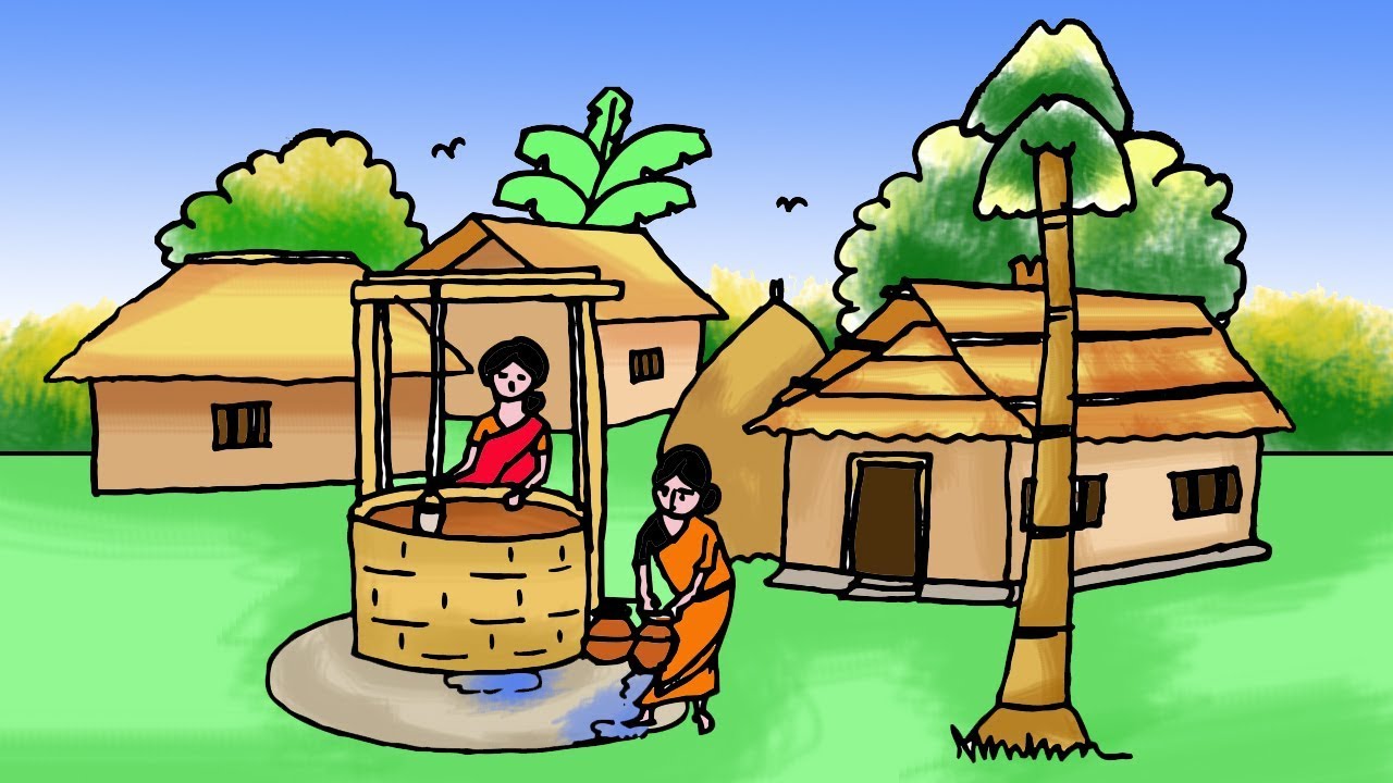 How to draw a village scenery with village women