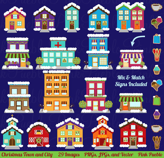Winter and Christmas Village Clipart Clip Art, Printable