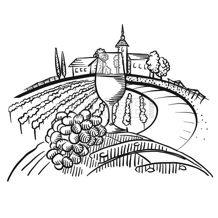 Wine on barrel and vineyard landscape