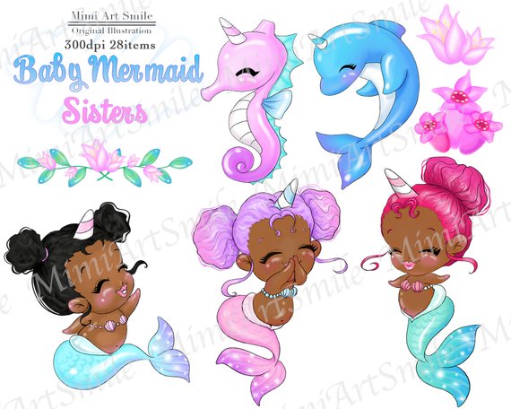 African American Baby Mermaid Sisters Clipart Dark,Cute