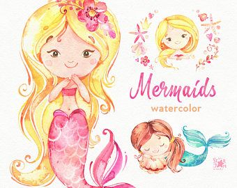 Mermaids watercolor clipart.