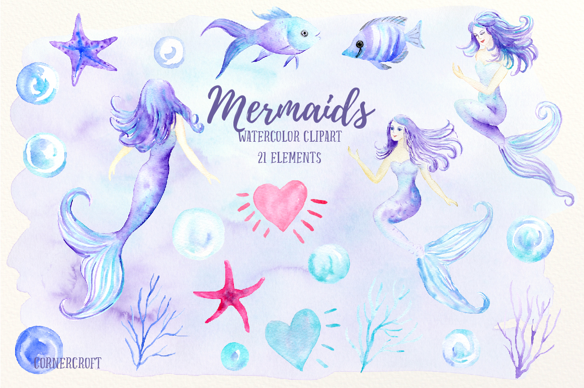 Watercolor Mermaid Clip Art by Cornercroft