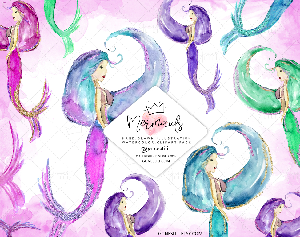 Watercolor mermaid clipart.