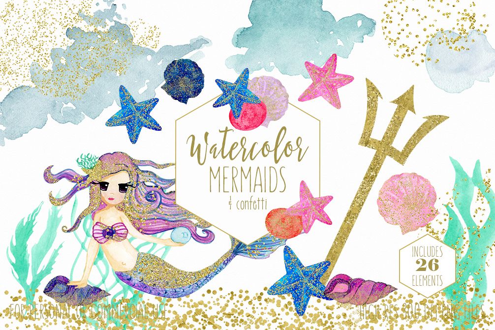 WATERCOLOR MERMAID Clipart with Metallic Gold Confetti Mermaids Shells  Starfish Ocean Watercolour Splash Graphics