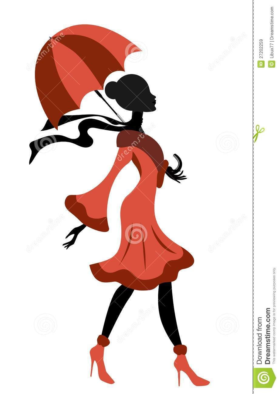 Elegant Lady Silhouette Walking With Umbrella Royalty Free