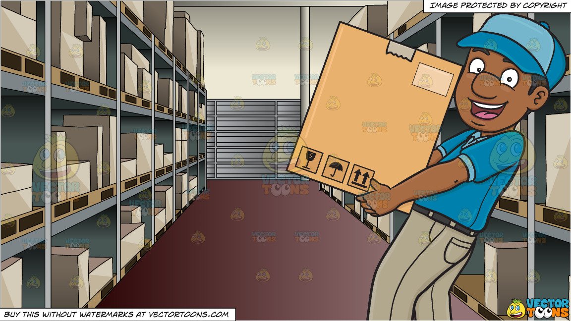A Black Delivery Man Delivering A Large Box and Aisle Of An Industrial  Warehouse