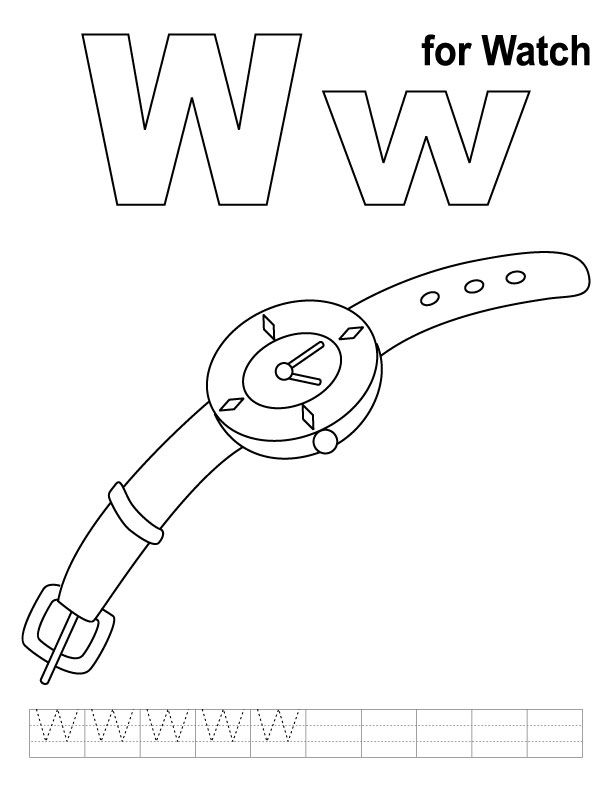 W for watch coloring page with handwriting practice