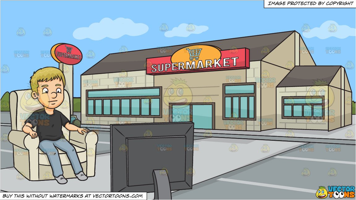 A Man Watching Tv and Outside A Large Supermarket Background