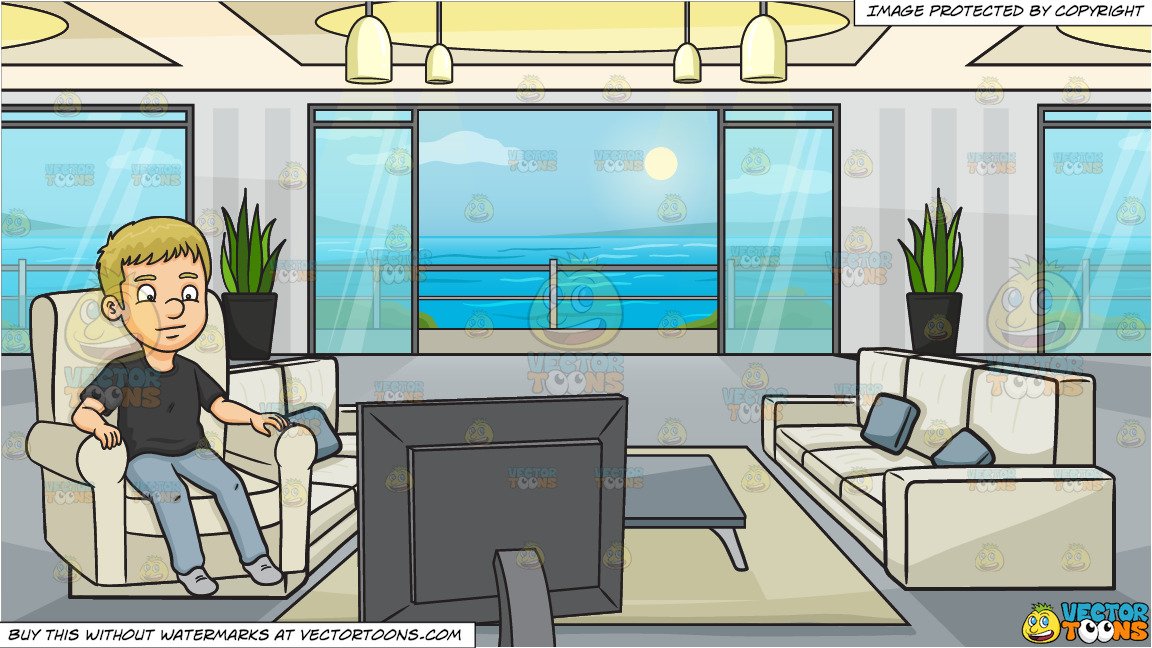 A Man Watching Tv and A Modern Apartment With A Balcony And Ocean View  Background