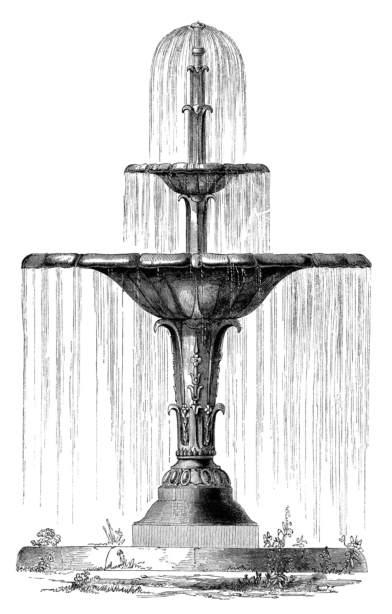 Water fountain, vintage engraving, garden clip art, black
