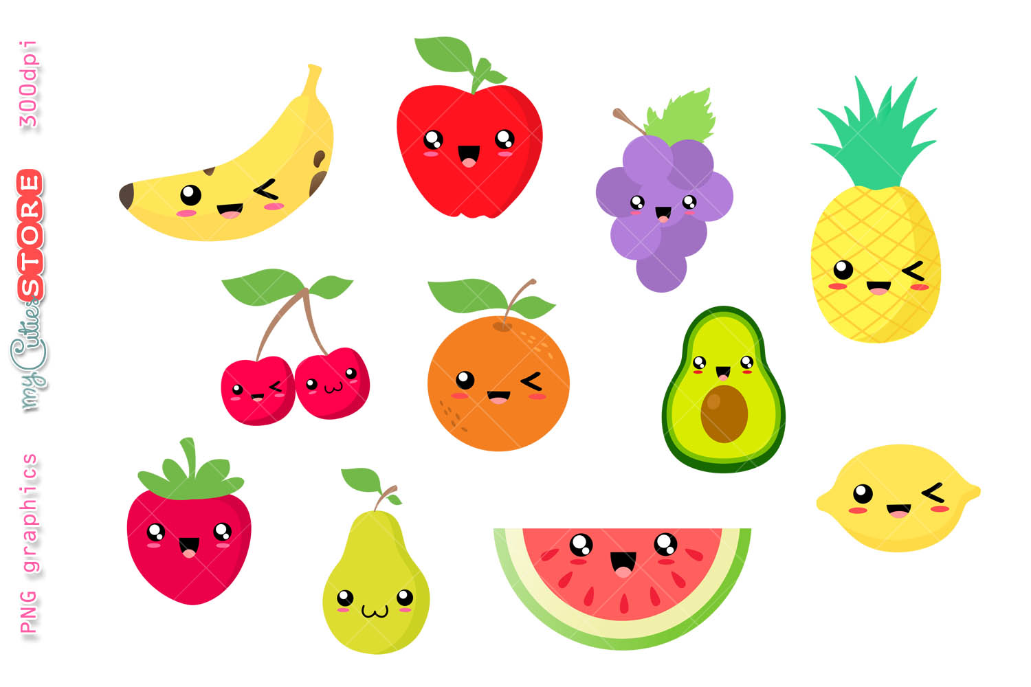 Collection of kawaii fruits clipart