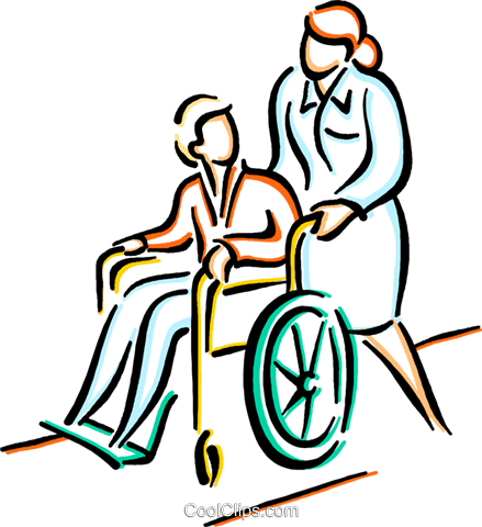 Nurse pushing patient in a wheelchair Royalty Free Vector