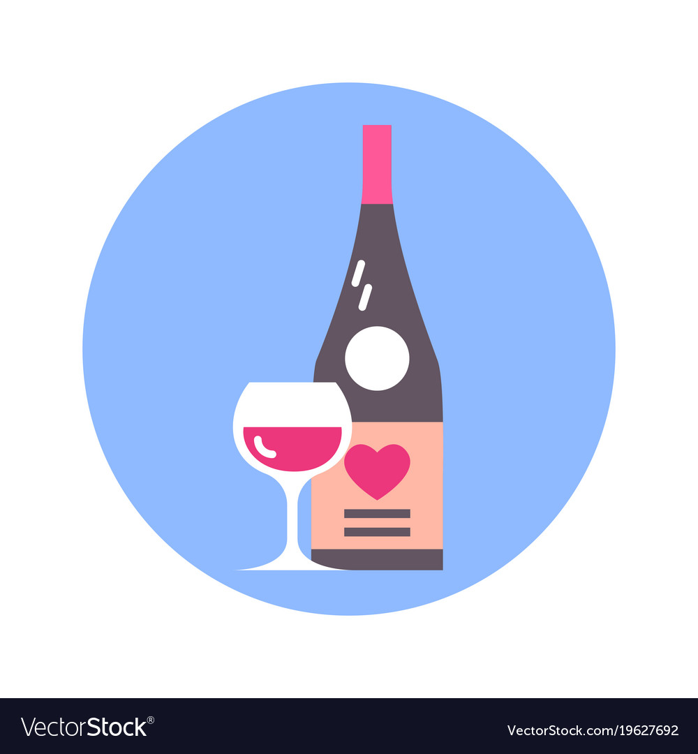 Glass and bottle of wine with heart shape icon on