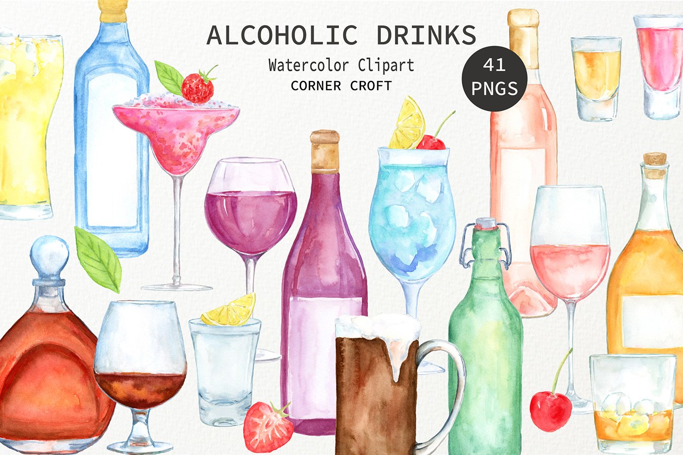 Watercolour clipart alcohol, wine, beer, liquor, vodka