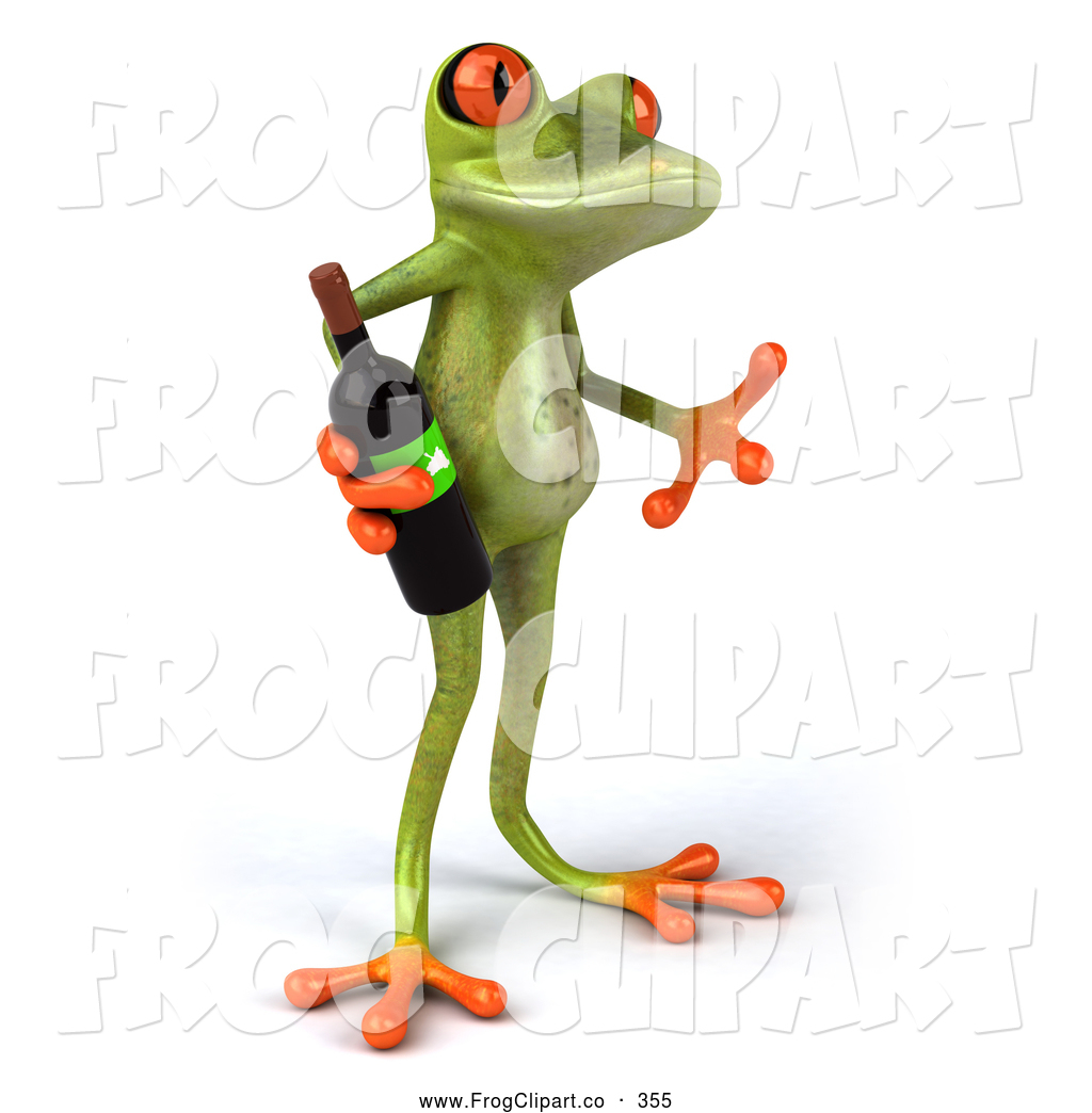 Clip Art of a Cute Green Tree Frog Holding a Bottle of Wine