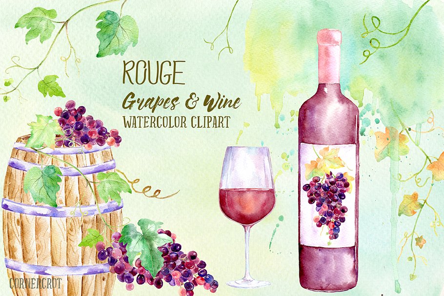 Watercolor Rouge Grapes and Wine