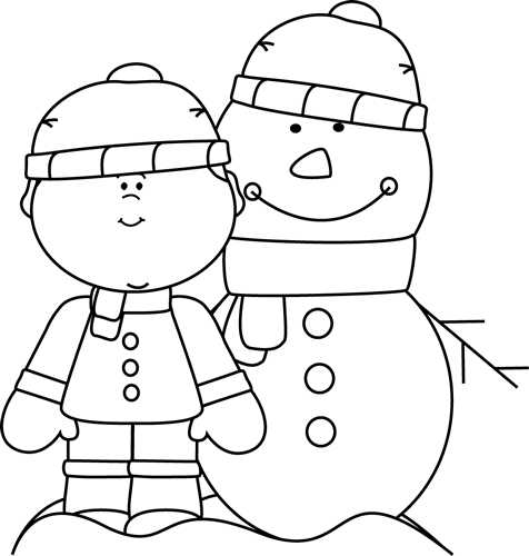 Black and White Boy with Snowman Clip Art