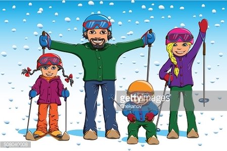 Family skiing in winter Clipart Image