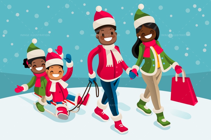 Winter Family Vacations Isometric People Black Cartoon Character