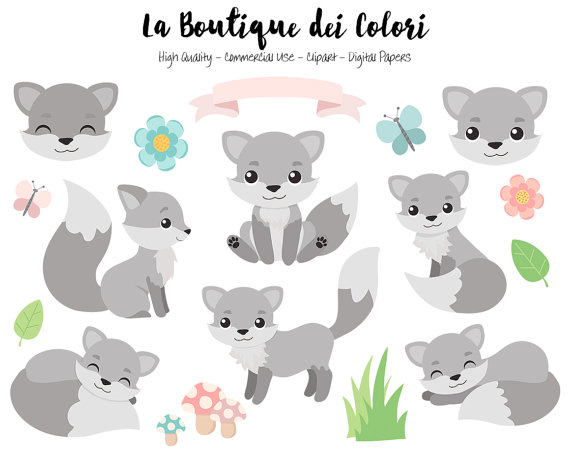 Gray Fox Clipart, Cute Digital Graphics PNG, Wolf, Foxes