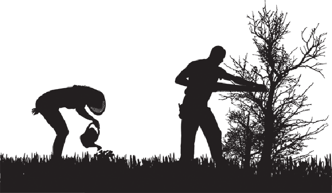 Silhouette of People Who Work in the Garden
