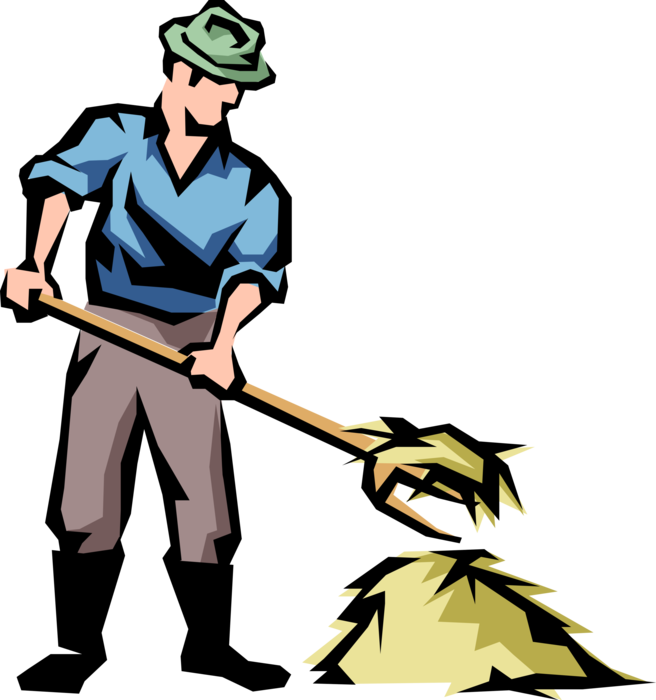 Vector Illustration Of Farmer With Pitchfork And Hay