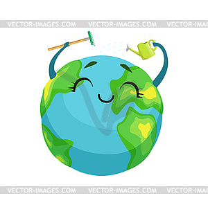 Happy Earth planet character cleaning itself with