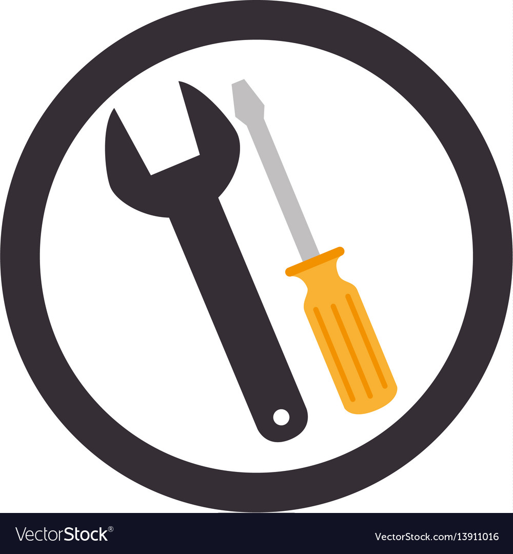 Circular emblem with wrench and screwdriver