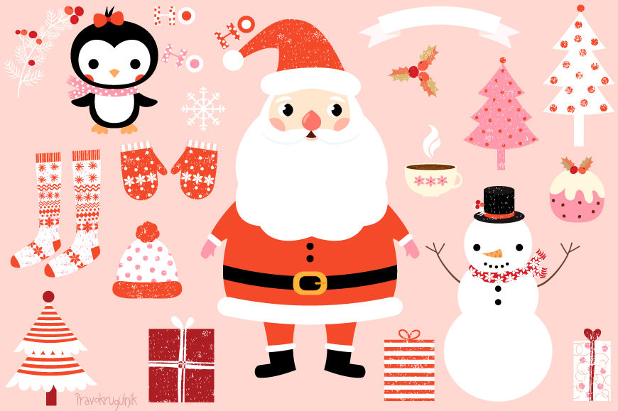 Cute Christmas clip art set, Kawaii Santa Claus clipart