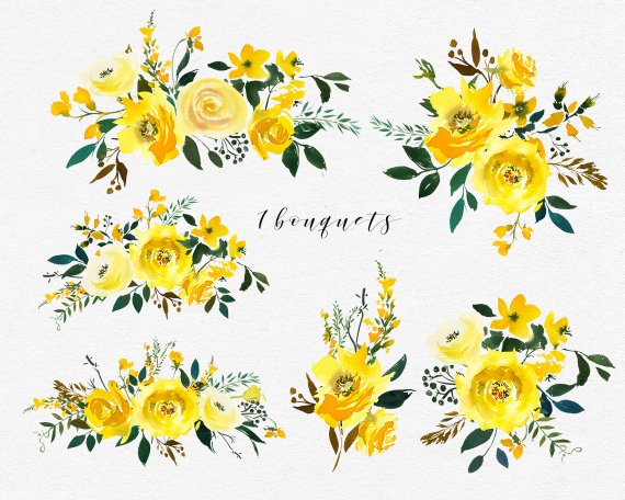 Yellow Watercolor Flowers Peonies Roses Clipart Set Wedding