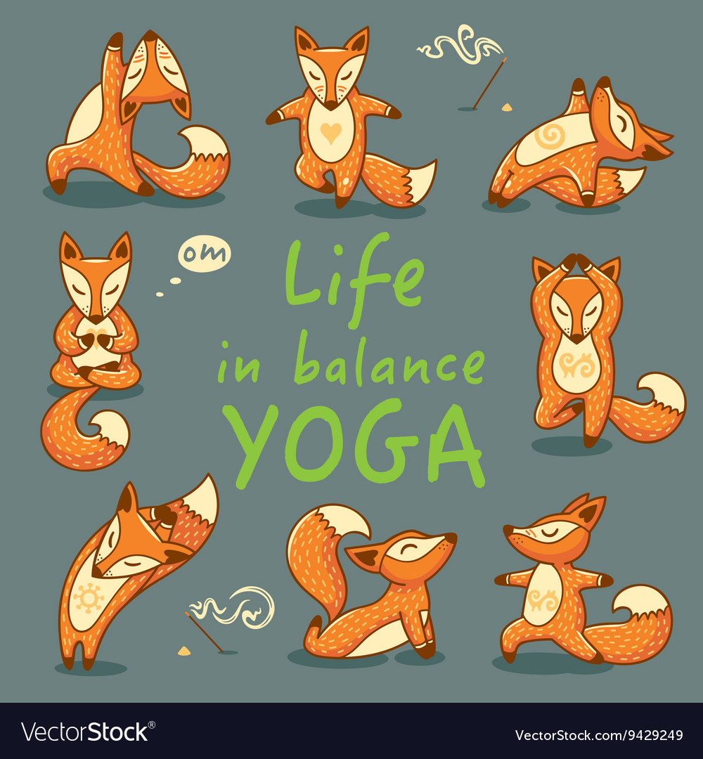 Cartoon foxes doing yoga poses card