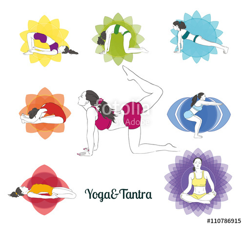 Colored yoga poses and chakras set
