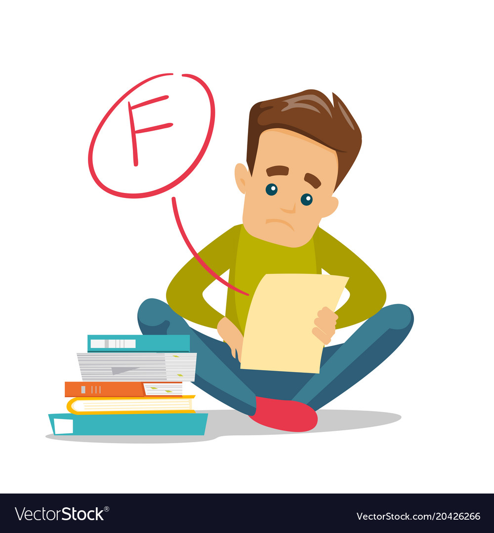 Sad student looking at test paper with bad grade vector image