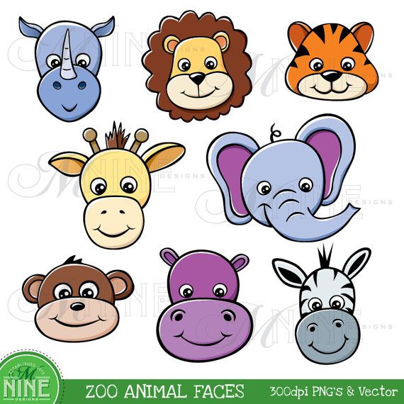ZOO ANIMAL FACES Clipart Illustrations Digital Clip Art