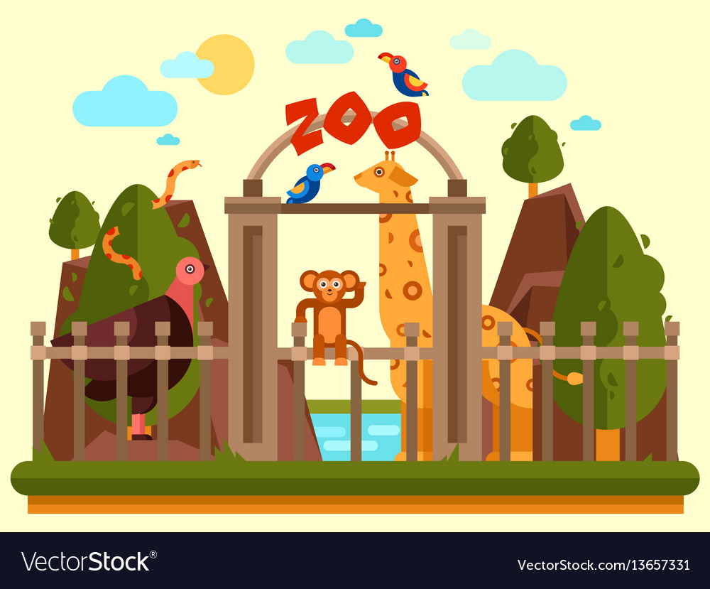 Colourful view of the zoo entrance with animals