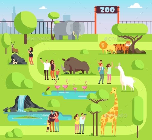 Cartoon zoo with visitors and safari animals