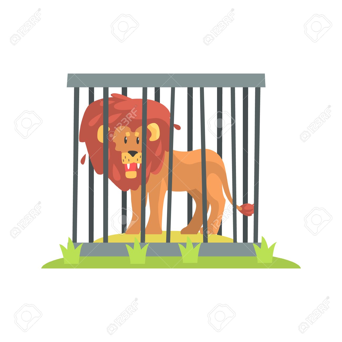 Dangerous Lion With Big Mane Standing Behind The Cage Bars